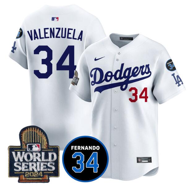 Men's White Los Angeles Dodgers #34 Toro Valenzuela 2024 World Series With Fernando Memorial Patch Limited Stitched Baseball Jersey